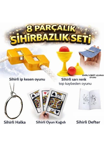 Tkç 8’li Sihirbazlık Seti (Kibrit, Defter, Halka, Kupa, Ip, 3’lü Kart)