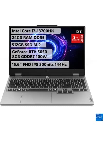 Lenovo LOQ Intel Core i7 13700HX 24GB 512GB SSD RTX5050 Freedos 15.6" FHD 144Hz Taşınabilir Bilgisayar 83JE00LATR