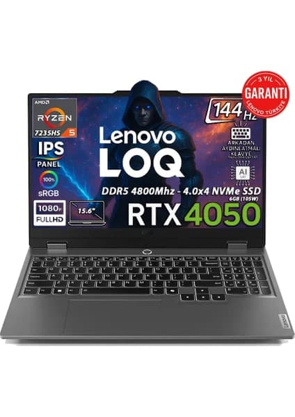 Lenovo LOQ AMD Ryzen 5 7235HS 16GB 512GB SSD RTX4050 Freedos 15.6" FHD 144Hz Oyuncu Taşınabilir Bilgisayar 83JC00H4TR
