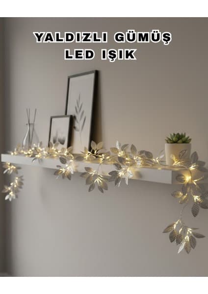 Yaldızlı Gümüş Yaprak LED Işık Pilli Dekoratif Ortam ve Yılbaşı