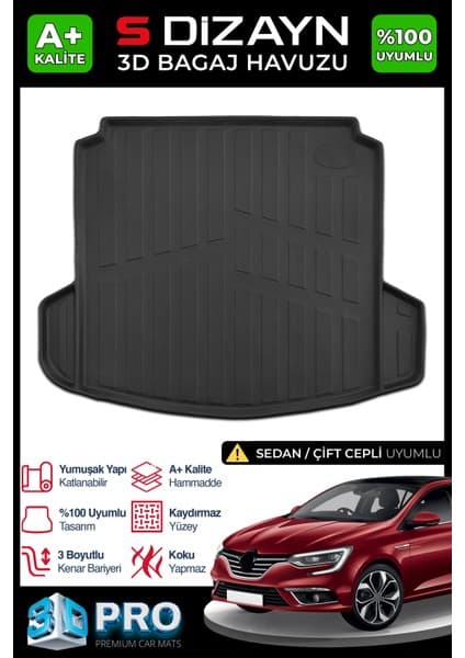 S-Dizayn Renault Megane 4 Sedan 3D Pro Bagaj Havuzu Çift Kulaklı 2016 Üzeri A+