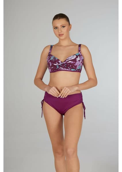 Estiva Kadın Dijital Desenli Mürdüm Emprime Kaplı Battal Beden Bikini
