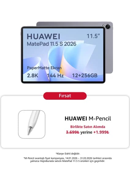 Huawei Yeni (2026) MatePad 11.5S Ultra Net PaperMatte Ekran 12GB 256GB Uzay Grisi