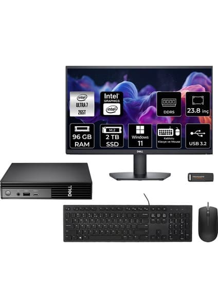 Dell Pro Micro QCM1250 Core Ultra 7 265T Mini PC 96GB RAM 2TB SSD 23.8" FHD Win11 Home + Per4 USB