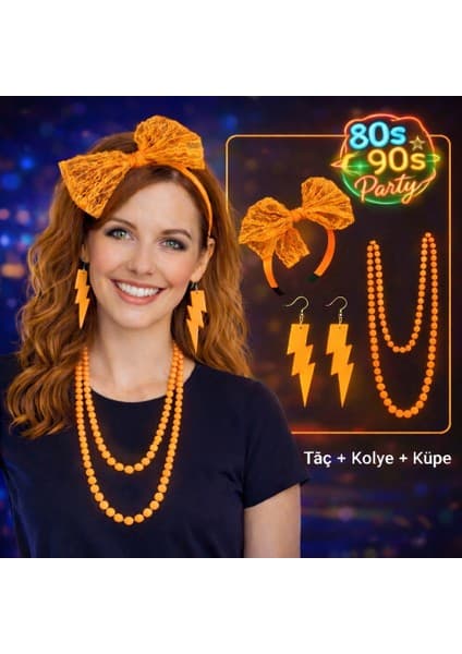 Samur 80’ler 90’lar Neon Turuncu Parti Seti – Kolye Küpe