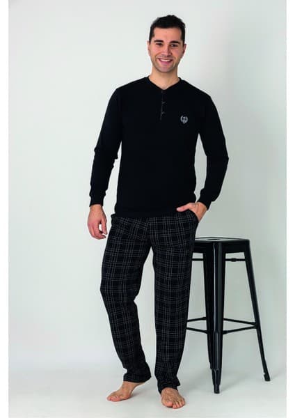 Estiva Erkek Kareli Alt Desenli Siyah Uzun Kollu Patlı Penye Pijama