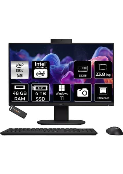 Asus V440 Core 7 240H All In One Bilgisayar 48GB RAM 4TB SSD 23.8" FHD 100Hz Win11 Home + Per4 USB