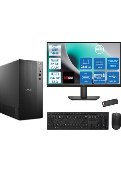 Dell Tower ECT1250 Intel® Core™ İ7-14700 32GB Ddr5 256GB SSD 4GB/RX550 Freedos +23.8" Monitör Tower