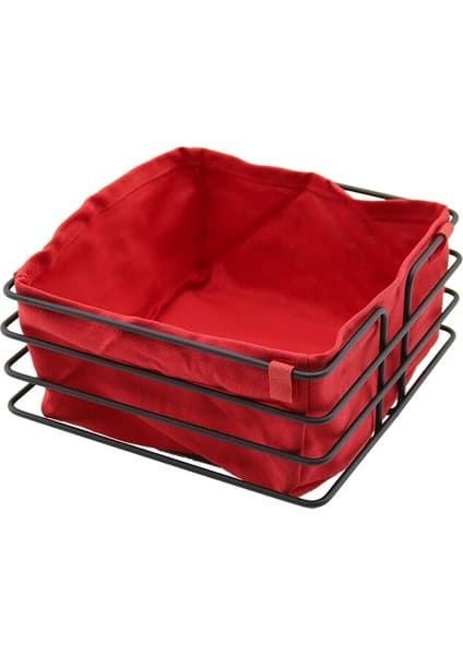 Çerçici Kare Siyah Metal Kırmızı Bezli Ekmek Sepeti 20X21CM Derinlik