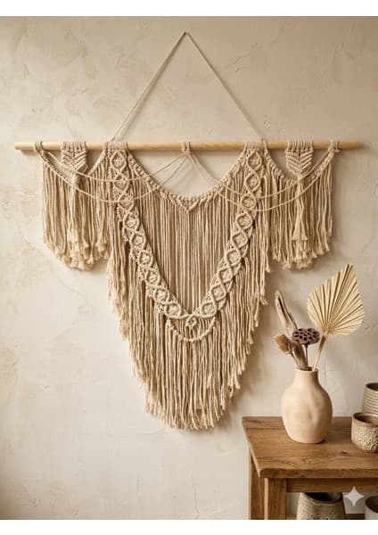 Floral Macrame Design Püsküllü Baklava Dilimli Makrome Duvar