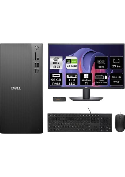 Dell Tower ECT1250 i7 14700 Masaüstü Bilgisayar 96GB RAM 1TB SSD 27" FHD Win11 Pro + Per4 USB