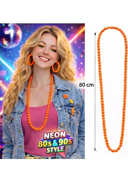 Eco Port Neon Turuncu Boncuk Kolye 80 cm – Retro 80’ler 90’lar Parti