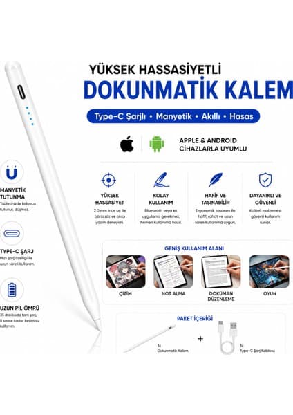 Qasul Manyetik Şarjlı Stylus Kalem Type-C Şarjlı Tablet Kalemi Hassas Uçlu Dokunmatik