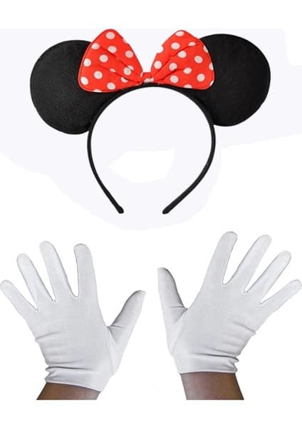 Eco Port Kırmızı Fiyonklu Minnie Mouse Tacı ve Beyaz Eldiven