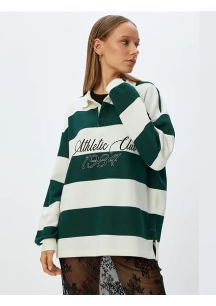 Koton Polo Yaka Sweatshirt Oversize Kolej Baskılı Renk Bloklu
