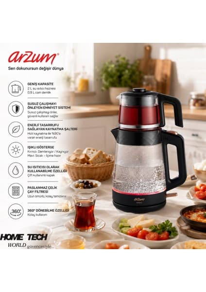 Arzum AR3101 Gusto Cam Çay Makinesi 1900 W, 0.9 L Demlik Kapasitesi,