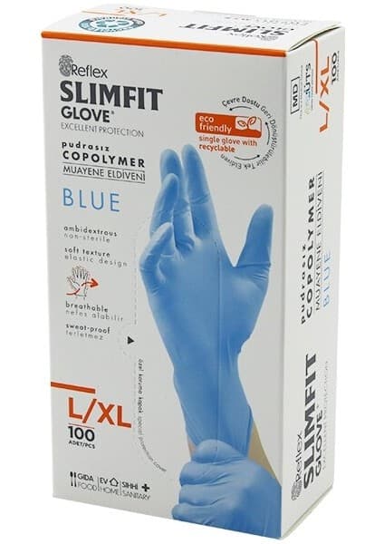 Enco Store Reflex Slimfit Glove KOD-025 L-Xl Mavi Pudrasız Muayene Eldiven 100LÜ