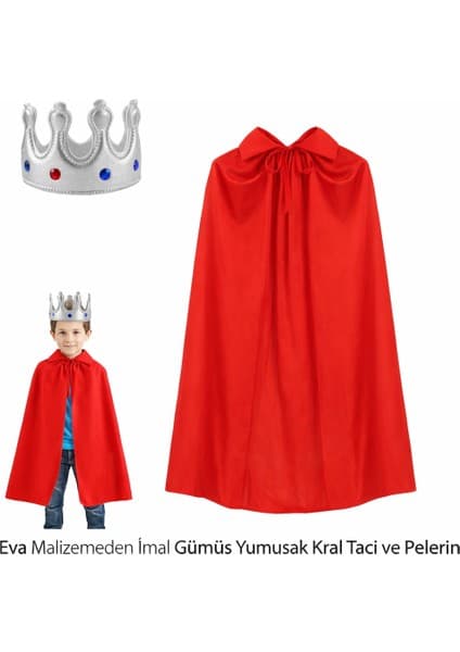 Motto Ticaret Çocuk Boy Kral Pelerini 90 cm ve Yumuşak Eva Kral Tacı Gümüş Renk