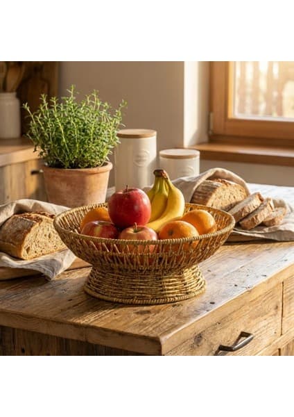 Enco Store 25 cm Plastik Rattan Servis Çanağı – Doğal Hasır Görünümlü Dekoratif Meyve, Ekmek ve
