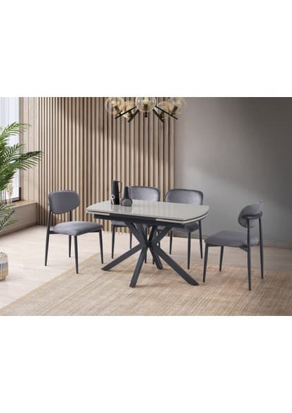 Viento Mobilya Anka Aytaşı Desen Highgloss Açılır 120X80 Masa Liza 6 Adet Vizon Bukle Kumaş