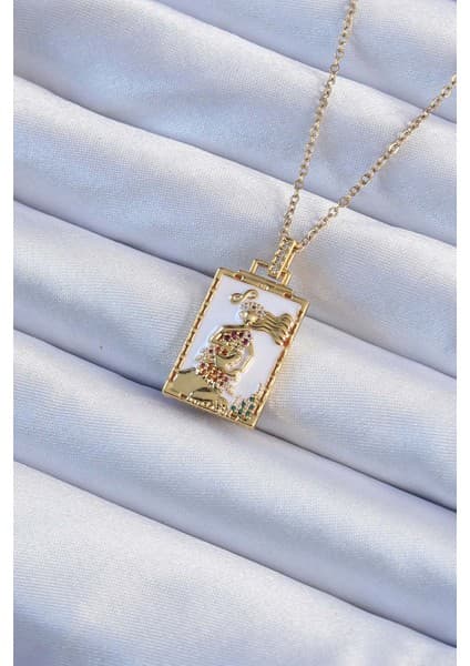 316L Çelik Zincir Altın Renk Beyaz Mineli Tarot Kolye