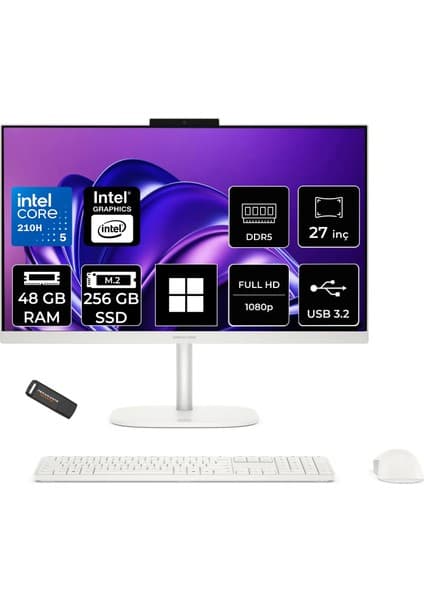 Hp Omnistudio 27 Core 5 210H 48GB Ram 256GB SSD 27" Fhd WIN11 Home D62C1EAPN376 Beyaz All In One