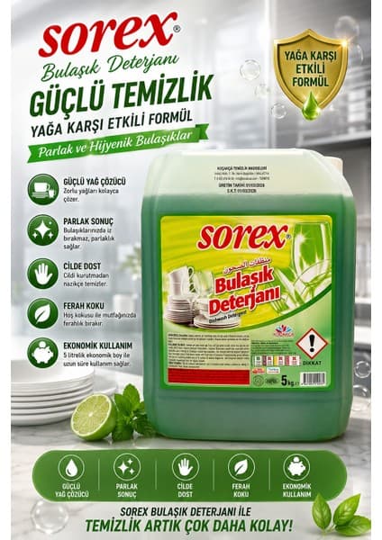 Sorex Bulaşık Deterjanı 5 Lt Elde Yıkama Için Sıvı Bulaşık
