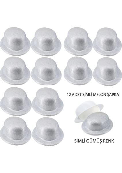 EstoreBox Gümüş Renk Simli Melon Yuvarlak Parti Şapkası 12