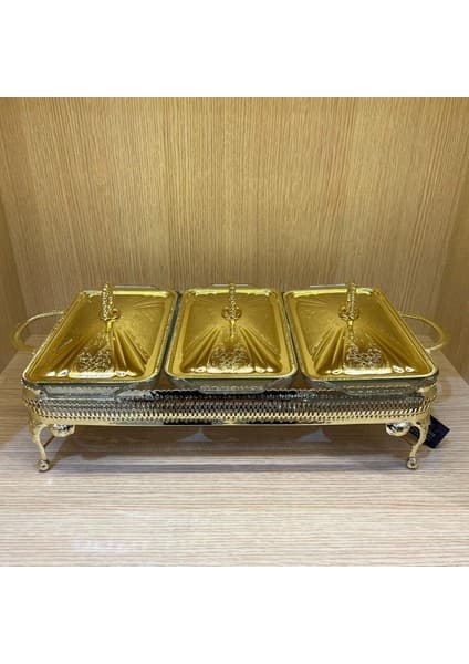 Prime Anne Altın Kaplama Üç Bölmeli Isıtıcılı Yemek Servis 51 x 26 x 18