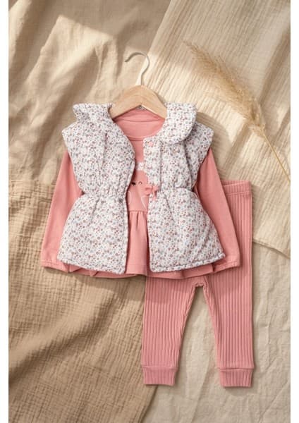 Babydonat Mia Kız Bebek Pembe Çiçekli Şişme Yelekli Üçlü Kombin Takım - Pamuklu Tavşan Baskılı