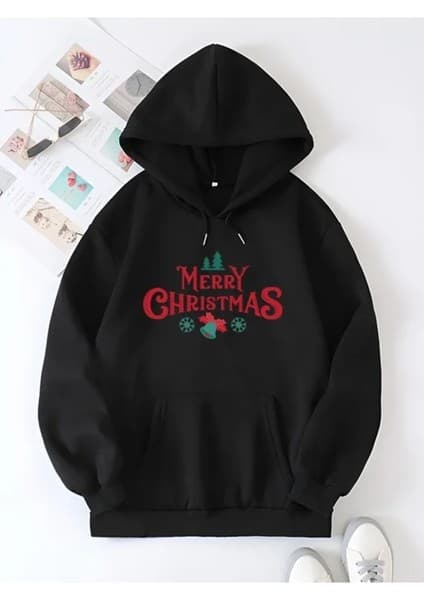 Trend Cojans Yılbaşı Merry Christmas Baskılı Oversize Kapüşonlu Sweatshirt Hoodie -