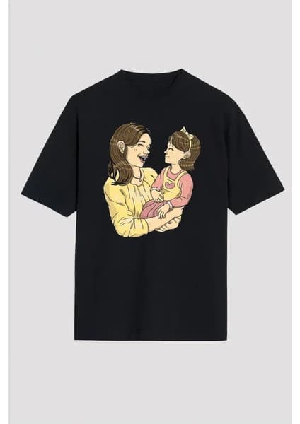 Trend Cojans Anneler Günü Hediye Anne Kız Temalı Baskılı Oversize Bisiklet Yaka T-Shirt -