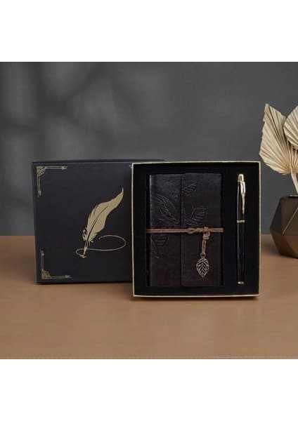Ttt Kutulu Deri Defter ve Metal Roller Kalem Seti - Yaprak Desenli - Baskıya