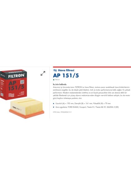 Fıltron Filtron Ap 151/5 (Mann : C 17 006 ) Ford Courier Euro5 Hava
