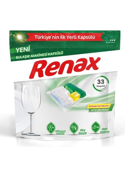 Renax Bulaşık Makinesi Kapsülü Hepsi Bir Arada 33'lü 346 G Mükemmel Parlaklık ve Kireç