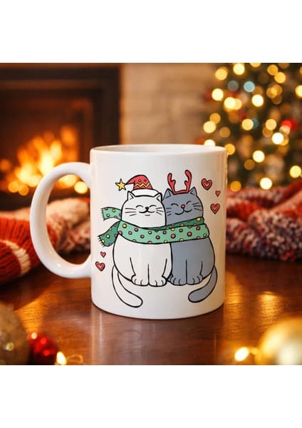 Youday Accessories Sevimli Kedi Figürlü Yılbaşı Temalı Porselen Kupa Model 75 – Aşık Kediler