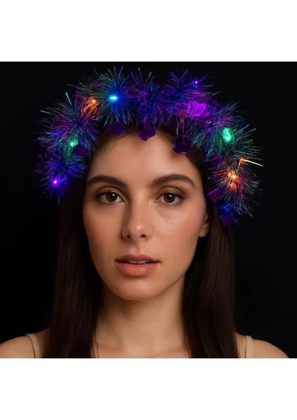 Mudanis Kalp Püsküllü Gece Parıltısı 3 Modlu LED39LI Işıklı Taç Mor