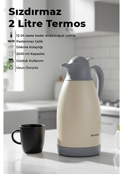Empressco Paslanmaz Çelik 2 Litre Krem Termos, Sıcak ve Soğuk Tutma