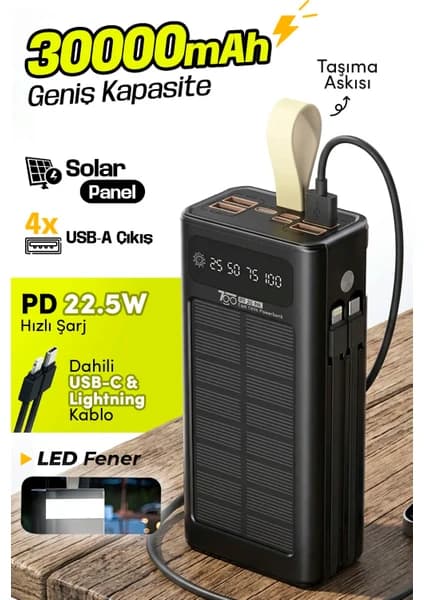 7go Gpw-09 30000MAH Güneş Enerjili Powerbank | Pd 22.5W Hızlı Şarj | Dahili Type-C & Lightning Kablo | LCD Dijital Ekran | 4 USB Çıkış