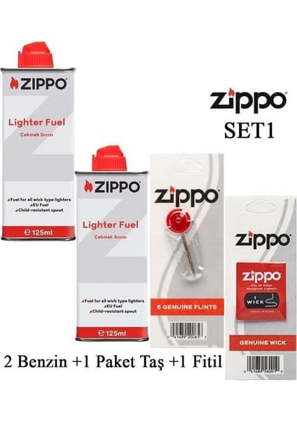 Zippo Benzin+1 Paket Taş+Fitil Seti Pamuk Malzemeden Rüzgar Geçirmez Özellikli Çakmak