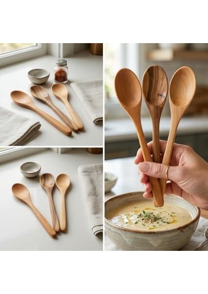 3'lü Doğal Ahşap Kaşık Seti - El Yapımı Uzun Tatlı, Bal, Kahve ve Baharat Kaşığı (20X3