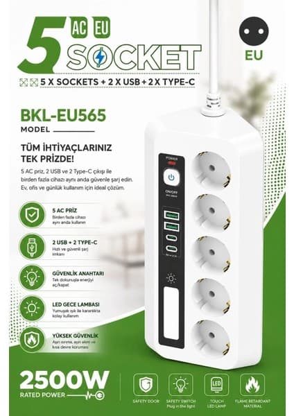 MidasTech 5’li Akım Korumalı Priz 2500W | 2 USB + 2 Type-C Hızlı Şarj | LED Gece Lambalı |