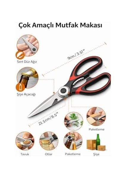 Çok Amaçlı Mutfak Makası, Paslanmaz Çelik Bıçak, Entegre Ceviz Kırıcı ve Şişe Açacağı, Kaymaz