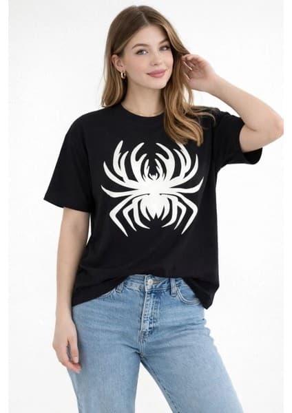 Tarz Yeri Kadın Örümcek Baskılı Tişört Kısa Kollu Bisiklet Yaka T-Shirt -