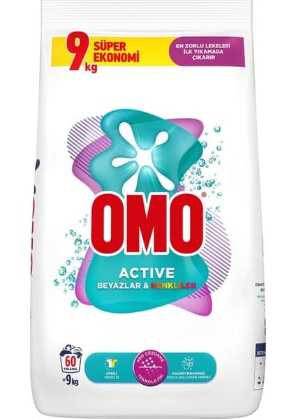 Mey İthalat Omo Active Beyazlar ve Renkliler Için Toz Çamaşır Deterjanı, 9 Kg, 60 Yıkama, 1 Paket