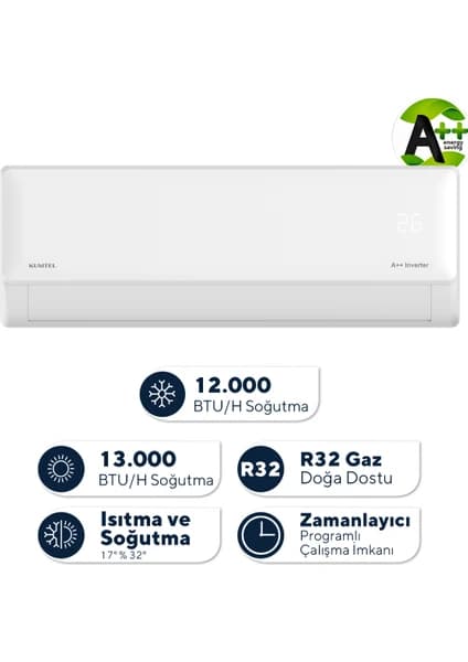 Kumtel Hinoki KMSAC-12 12.000 Btu A++ Inverter Duvar Tipi Split Klima (Montaj Dahil)