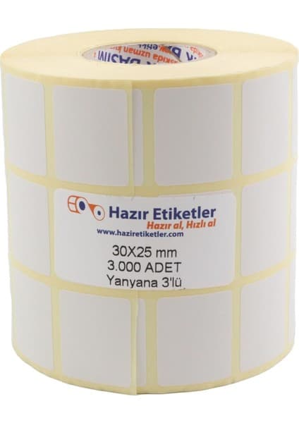 Eko Termal Etiket, 30MM x 25MM 3000 Adetli 3lü Yan Yana Sarılmış Rulolar 40MM Kuka Çapında
