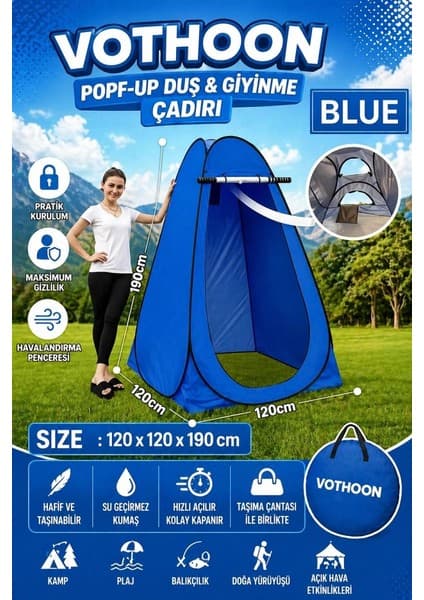 Mudanis Otomatik Kabin Giyinme Çadırı 120X120X190 cm Üst Havalandırma Yan Pencereli Duş & Wc Çadırı