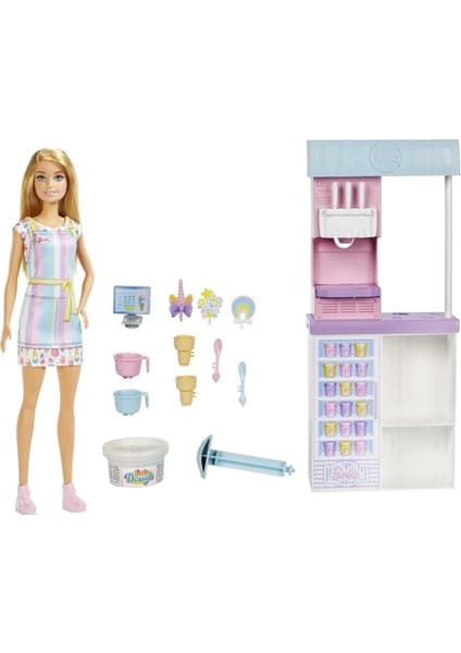 Barbie Dondurma Dükkanı Oyun Seti Barbie Dondurma Dükkanı Oyun Seti, 30 cm Sarışın Bebek,