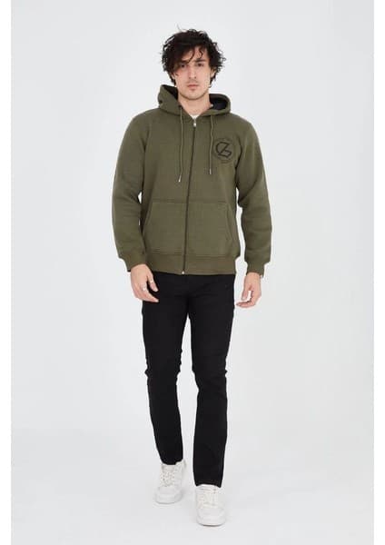 Tarz Yeri Erkek 3 İplik Pamuklu Fermuarlı Kapüşonlu Kanguru Cepli Baskılı Hoodie Hırka Sweatshirt -